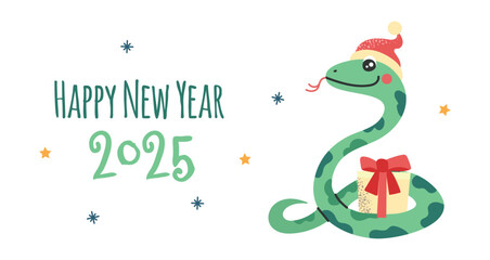 Happy New Year 2025 card poster banner design illustration with funny snake