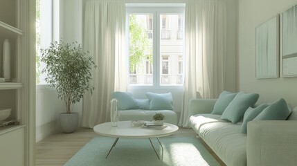 A sleek living room with cream walls, a mint green sofa, and sky blue throw pillows