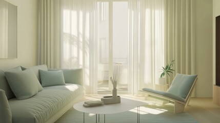 A sleek living room with cream walls, a mint green sofa, and sky blue throw pillows