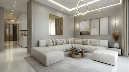 A sleek living room with soft gray walls, a white leather sofa, and a large gold-framed mirror
