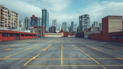 Empty parking lot in a city setting, with rows of parking spaces and no vehicles in sight, ideal for transportation concepts.