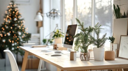 Fototapeta premium Open office space decorated for Christmas holidays with trees and ornaments, creating warm and festive atmosphere at workplace 