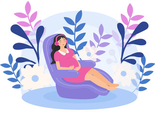 Pregnant woman lays down listening to music, She relaxing. vector image.
