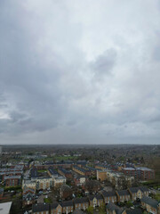 Obraz premium Aerial View of Central City Centre Elstree Uxbridge London City of England, Great Britain. It Was Rainy and Cloudy Day with Strong Winds over England, High Angle Drone's Camera Footage. April 4th, 24
