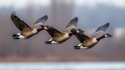 Geese in flight over a tranquil lake during early morning light