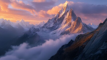 Breathtaking Views From Mangart Peak at Stunning Sunrise. Peaks Above Clouds.