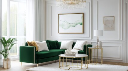 A sleek living room with white walls, a green velvet armchair, and gold decor pieces