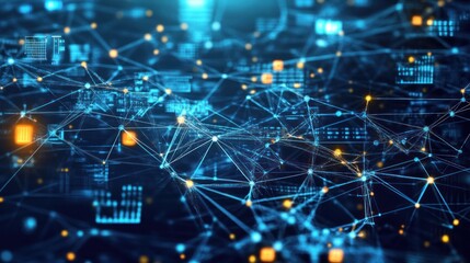 A visual of interconnected data points forming a web-like structure, representing big data. The background contains graphs, charts, and algorithmic symbols,