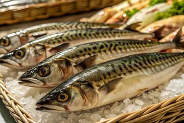 Fresh Mackerel Display on Ice in Market Setting Highlighting Seafood Variety