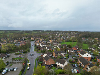 Aerial View of Central City Centre Elstree Uxbridge London City of England, Great Britain. It Was Rainy and Cloudy Day with Strong Winds over England, High Angle Drone's Camera Footage. April 4th, 24