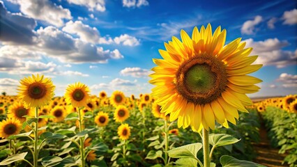 Bright yellow sunflower field with tall stalks stretching towards the sky, sunflowers, petals, landscape, countryside, outdoors