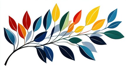 A simple branch with brightly colored leaves casting artistic shadows on a plain white background, creating a minimalist nature scene.