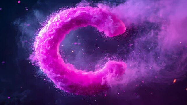 A round balloon-shaped letter 'C' in pink colors, multicolored particles and gentle plumes of smoke background a magical and dreamy effect