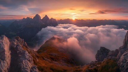 Obraz premium Breathtaking Views From Mangart Peak at Stunning Sunrise. Peaks Above Clouds.