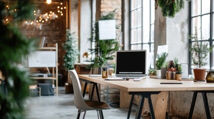 Open office space decorated for Christmas holidays with trees and ornaments, creating warm and festive atmosphere at workplace	