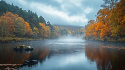A tranquil river scene surrounded by vibrant autumn foliage, with mist hovering over the water under a cloudy sky.