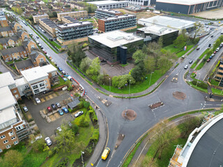 Aerial View of Central City Centre Elstree Uxbridge London City of England, Great Britain. It Was Rainy and Cloudy Day with Strong Winds over England, High Angle Drone's Camera Footage. April 4th, 24