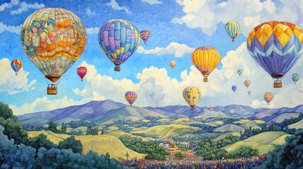 Obraz premium A whimsical scene of a colorful hot air balloon festival, where multiple hot air balloons are ascending into the sky.