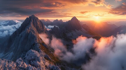 Fototapeta premium Breathtaking Views From Mangart Peak at Stunning Sunrise. Peaks Above Clouds.