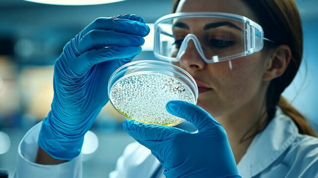 A scientist wearing blue gloves holding a petri dish with bacteria or virus samples Video