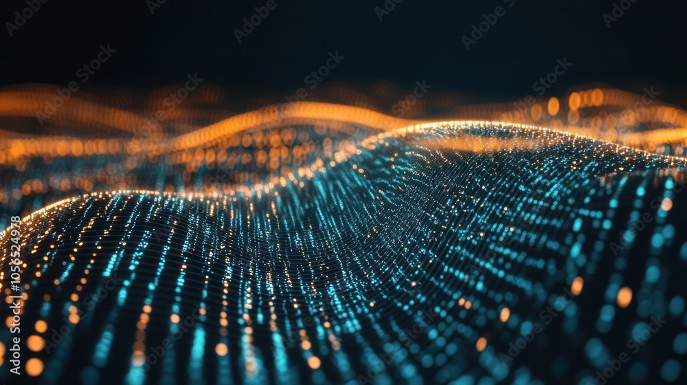Poster abstract binary digits flowing like a wave over a dark,