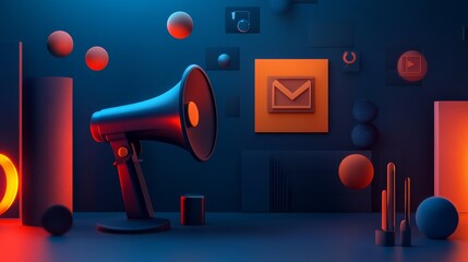 3d news-feed icon and megaphone on a dark blue and orange colors  background