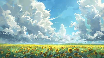 Light and fluffy clouds drifting over a vast sunflower field.