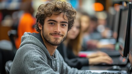 Young man working on a computer in a busy library setting