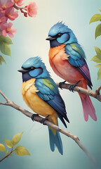 Fototapeta premium A pair of small, colorful birds sitting closely on a branch, their wings slightly overlapping, symbolizing closeness and companionship.