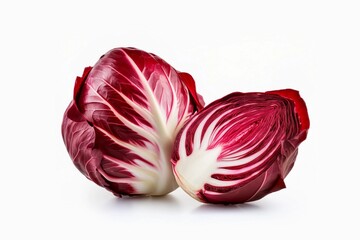 Obraz premium Radicchio or Italian chicory, radicchio and half cut, red salad isolated on white background