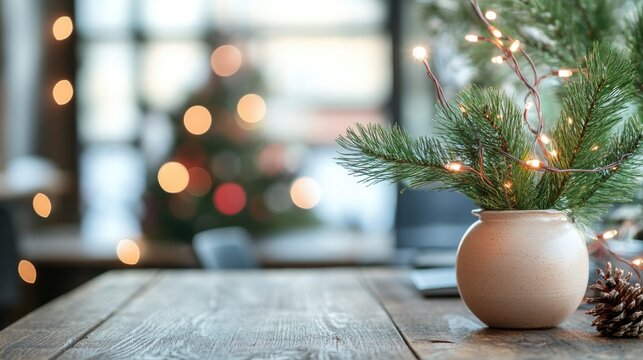 Open office space decorated for Christmas holidays with trees and ornaments, creating warm and festive atmosphere at workplace	