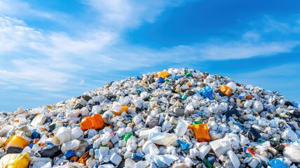 A large mound of plastic waste fills the landscape under a clear blue sky, the issue of pollution and the impact of waste on the environment.