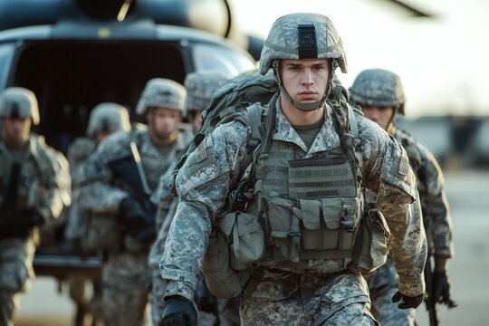 Military personnel disembarking from a helicopter at a deployment site during early morning operations