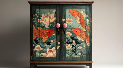 Hand-Painted Wooden Cabinet with Vibrant Koi Fish and Lotus Design on a Teal Background