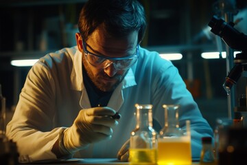 Male scientist conducting analysis of yellow liquid in a laboratory with industrial setting for scientific research