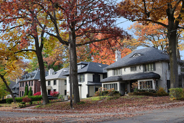 Residential street with large detached houses and fall foliage