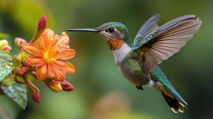 Fototapeta premium Hummingbird feeding on vibrant orange flower in a lush garden