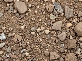 Close-up shot of rough and gritty dirt texture with small rocks and debris scattered throughout, grains, details, rough