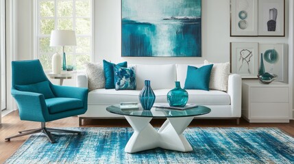 Teal accents featuring sleek white furniture, with teal pillows and a statement teal chair for a bright, modern look