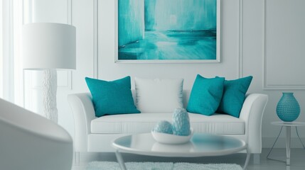 Teal accents featuring sleek white furniture, with teal pillows and a statement teal chair for a bright, modern look