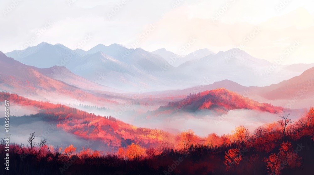 Wall mural a serene landscape with misty mountains and vibrant autumn foliage, capturing the beauty of nature i