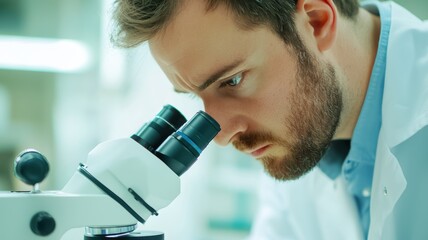 A focused scientist examines a slide through a microscope in a bright laboratory setting, highlighting dedication to research and discovery.