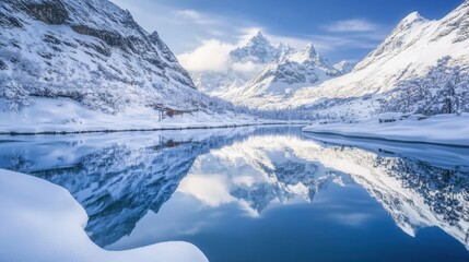 Snowy mountains reflected in a calm lake.