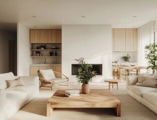 Modern living room interior design with wooden furniture and natural light.