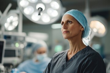 Plastic surgeon with a surgical cap standing in a bright modern operating room