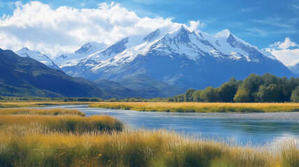 Beautiful snow-capped mountains, withered grassland, glaciers and streams landscape oil painting

