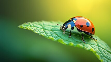 Fototapeta premium Bright ladybug perched on a green leaf under soft sunlight