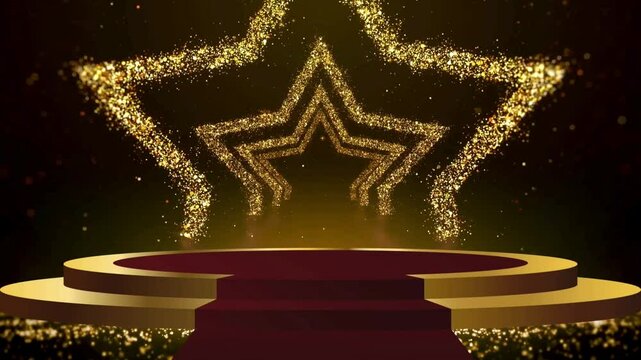 Abstract background with neon glitter stars animation. 3D Award party stage golden stage glitter animation. stars, lights and particles. Luxury gold light streak. Particle, luxury awards ceremony,