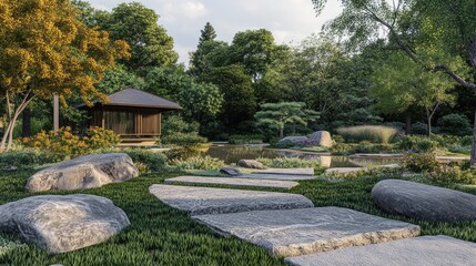 Tranquil Japanese Garden with Stone Pathway and Pavilion