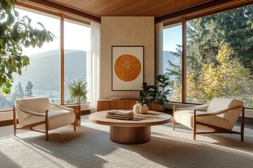 Fototapeta premium A modern living room with two armchairs, a coffee table, and large windows overlooking a mountain view.